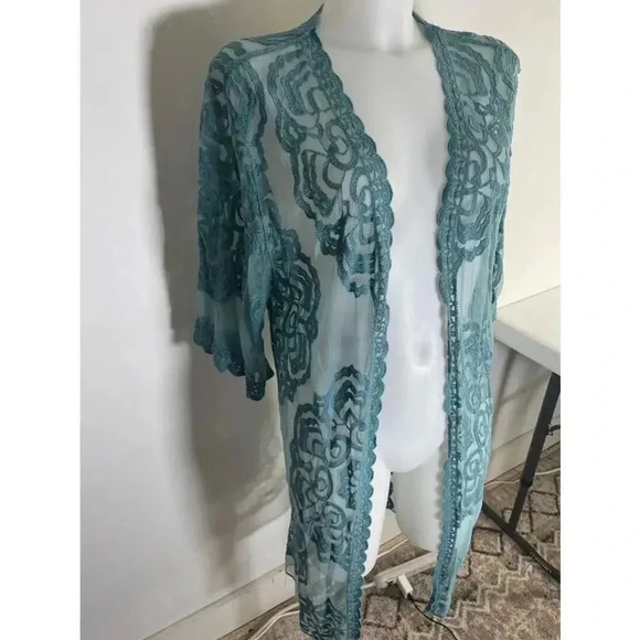 Women's Favlux Turquoise Lace Kimono Cardigan Duster Size M‎ GUC! 0155 - Picture 4 of 12